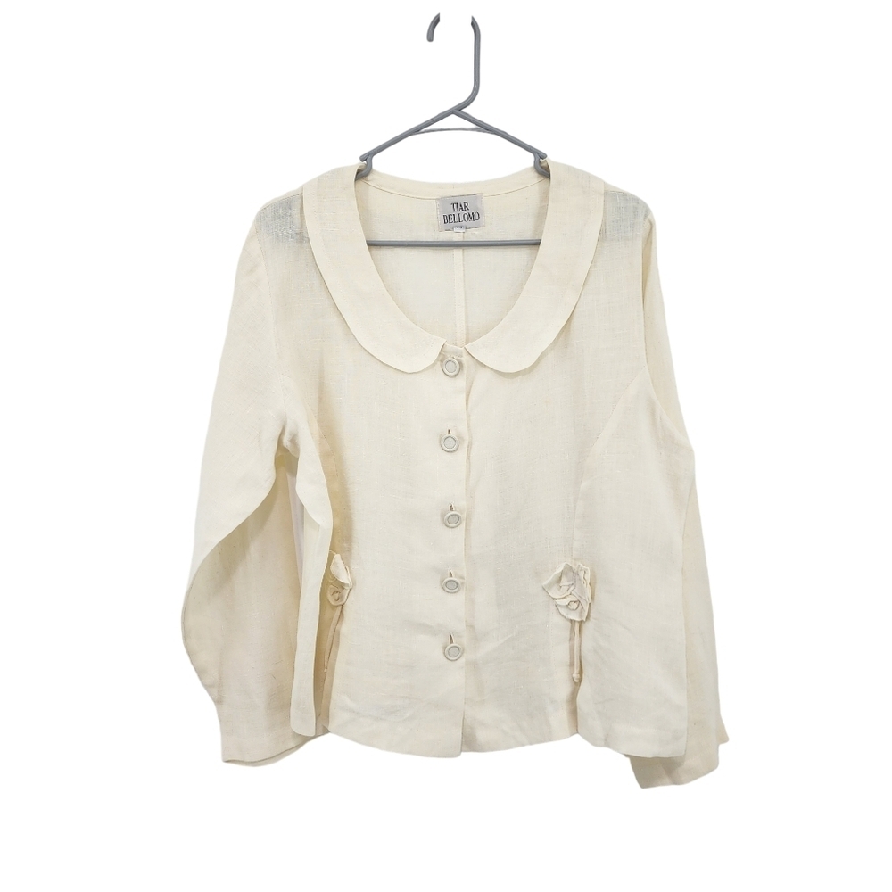Tiar Bellomo Women's Vintage 100% Linen Button Front Lagenlook Blouse - M